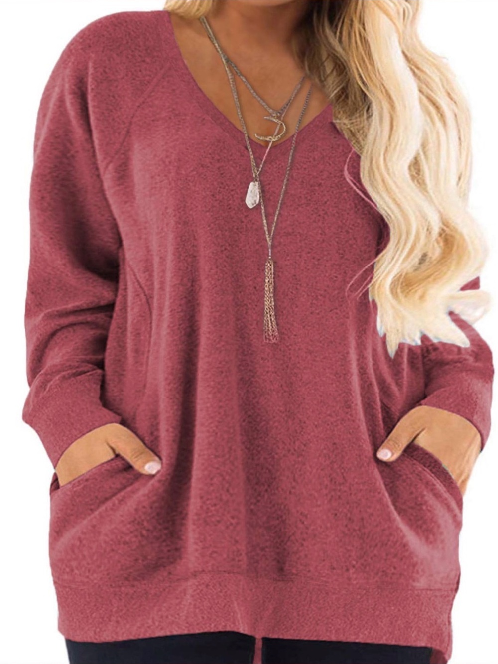 Women Color Block Tops V-Neck Shirt Tunic Wine Red-rose color 14W